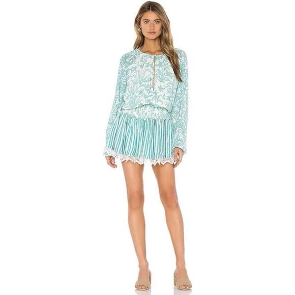 Hemant & Nandita Dresses & Skirts - HEMANT & NADITA Zoya Mini Dress Blue Floral Smocked Crochet Boho Long Sleeve NEW